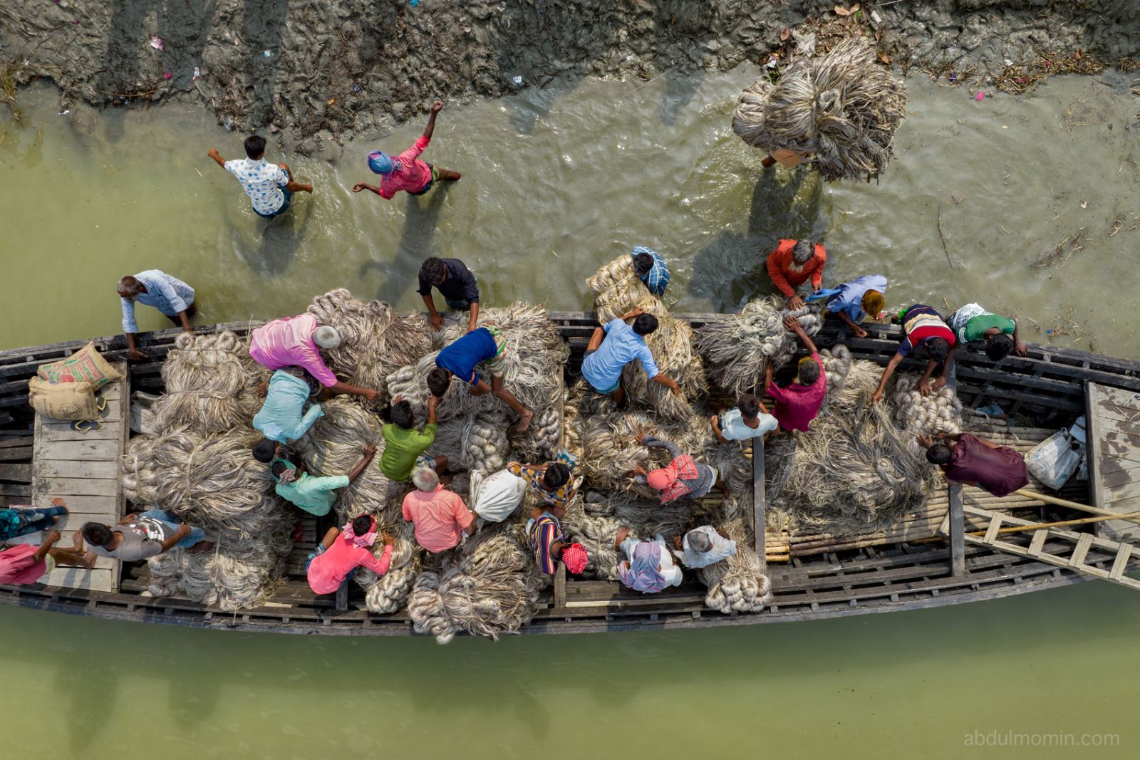 Aerial View of Jute Retting Process and Wholesale Jute Market on the Bank of Jamuna River